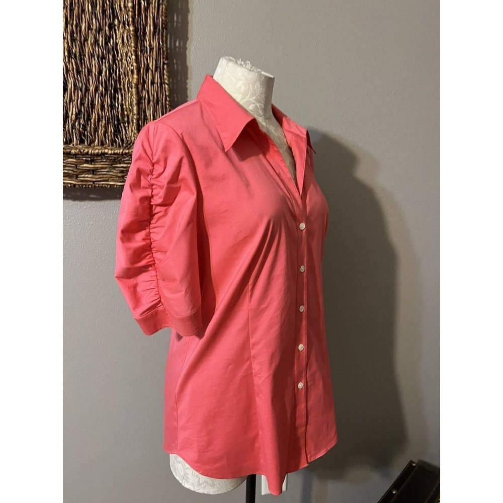 Lafayette 148 NY Shirt Coral 6 Small Short Ruched Sleeve Stretch Cotton - Picture 7 of 10